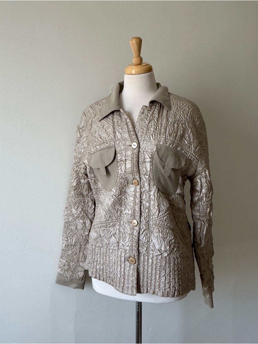 Ness Textured Crinkle Jacket Neutral Taupe Button Up Size L